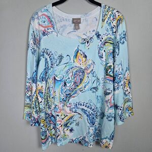 Chicos Womens Paisley Square Neck Knit Top Size Medium Blue Vibrant Preppy Artsy